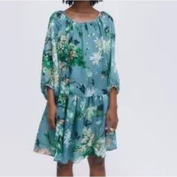 H&M Dress Womens Large Oversized Floral Tiered Pullover Balloon Sleeve Tropical - Picture 15 of 15